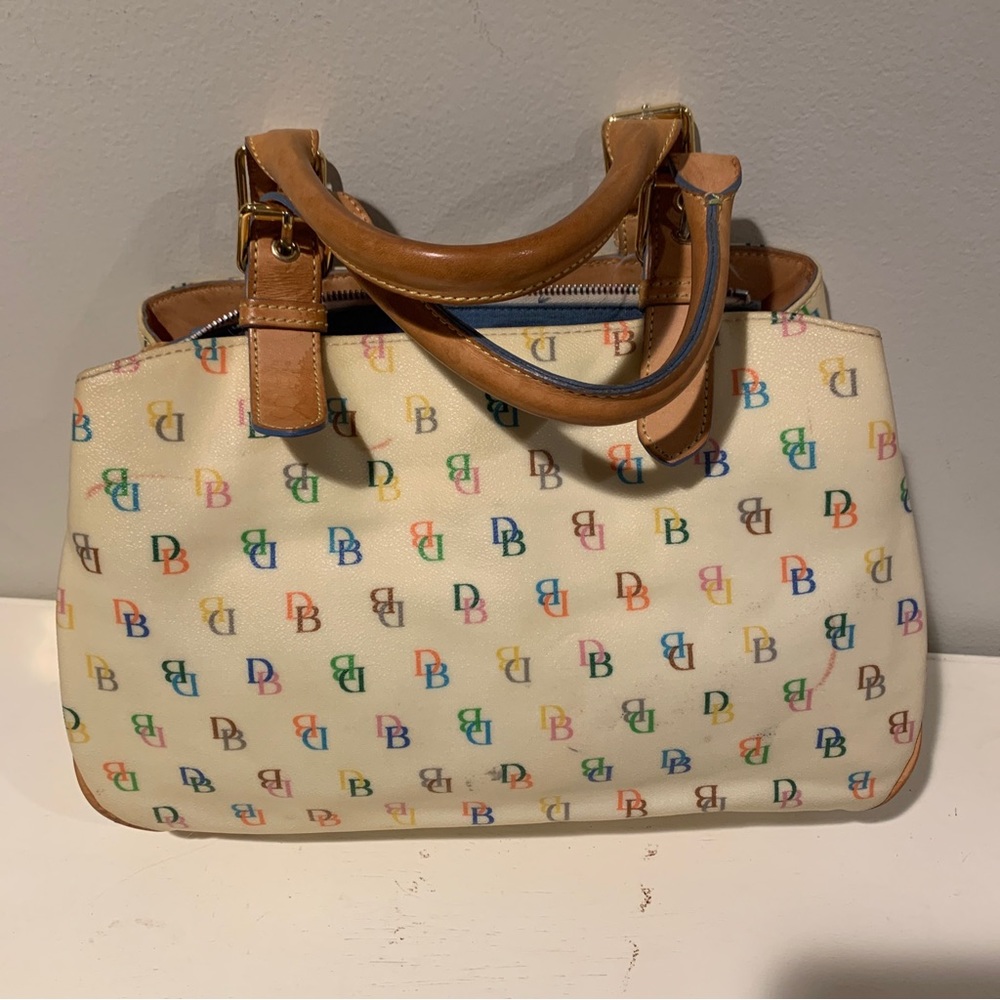 Dooney & Bourke Handbag Purse DB Monogram Cream Beige Leather Handles Colorful